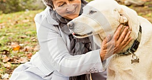 Happy caucasian senior woman petting her golden retriever pet dog in park