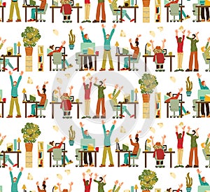 Happy Caucasian White People Rejoices Office Seamless Pattern