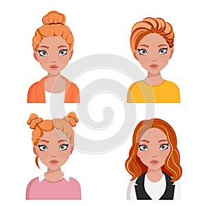 Happy caucasian woman avatar set. Different women characters collection. Isolated vector illustration