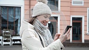 Happy caucasian Woman laughing and chatting with friends