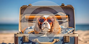 Happy Cavalier King Charles Spaniel in Beach Mode Sunglasses and Suitcase Adventure - travel and holiday concept. Generative AI