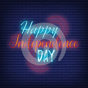 Happy celebration greeting card 4 th July, concept glow neon style font text Independence Day quote phrase vector illustration,