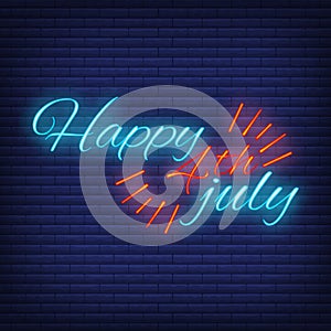 Happy celebration greeting card 4 th July, concept glow neon style font text Independence Day quote phrase vector illustration,