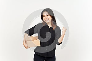 Happy Celebration and Holding Package Box or Cardboard Box of Beautiful Asian Woman
