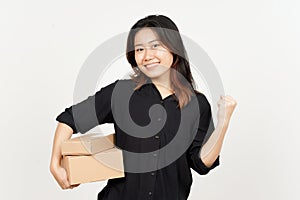 Happy Celebration and Holding Package Box or Cardboard Box of Beautiful Asian Woman