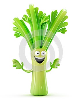 Happy celery character with open arms and a joyful face photo