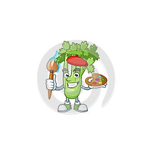 Happy celery plant painter cartoon icon with brush