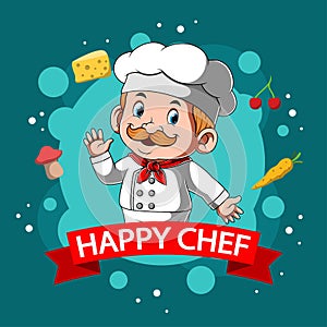 The happy chafe with the white chef hat around the foods photo