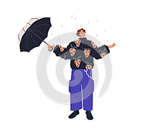 Happy character with umbrella in hand. Smiling delighted man enjoying rain, rainy day, wet weather. Carefree person