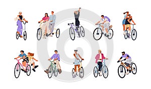 Happy characters on bicycles set. Young active people bikers enjoying bike ride. Excited joyful funny cyclists in motion