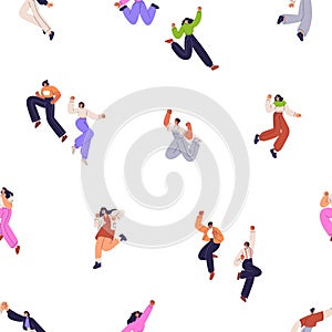 Happy characters, seamless pattern. Young people jumping from joy and fun, celebrating. Excited men, women exulting
