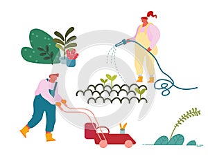 Happy Characters Working in Summer Garden. Man Mowing Lawn, Woman Farmer or Gardener Planting and Caring of Plants