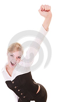 Happy cheerful business woman hand gesture success sign
