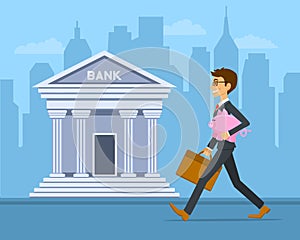 Happy cheerful businessman carries piggy bank vector illustration.