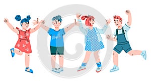 Happy cheerful Children jumping happily and raising hands, cartoon vector isolated