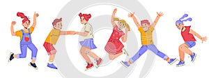 Happy cheerful children jumping for joy. Kids laughing and jumping, vector.