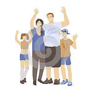 Happy cheerful family of man, woman and two kids, boy and girl, waving hands, showing OK Sign, hugging each other