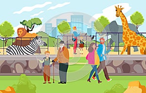 Happy cheerful family time spending in zoo, people character observe wild tropical zebra, giraffe and lion animal flat