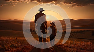 happy cheerful father with child walking by cereal field at sunset, man with daughter or son playing at summer