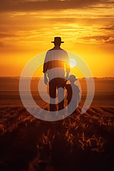 happy cheerful father with child walking by cereal field at sunset, man with daughter or son playing at summer