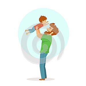 Happy cheerful father and son playing, dad lifting up his bol in the air, isolated cute cartoon vector illustration