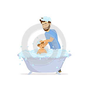 Happy cheerful father washing bathing child in a bathtub