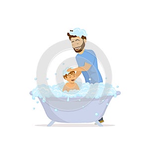 Happy cheerful father washing bathing child in a bathtub photo