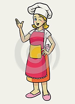 Happy cheerful female chef wearing apron