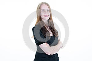 Happy cheerful female consultant looking camera young business woman with folded arms crossed standing isolated over white