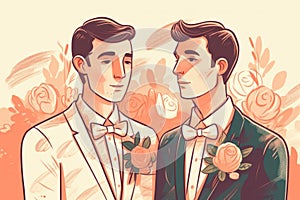 Happy cheerful gay grooms hugging on their wedding. Male gay couple surrounded with people and flowers. Homosexuality, same-sex