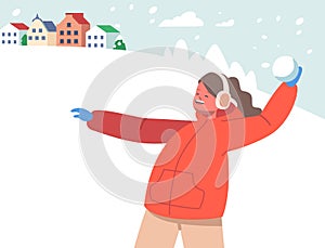 Happy Cheerful Girl Playing Snowballs on White Snowy Landscape Background. Kid Character Wintertime Active Spare Time