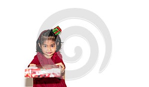 Happy cheerful little girl with gift box in a banner. Gift giving and gift sharing concept