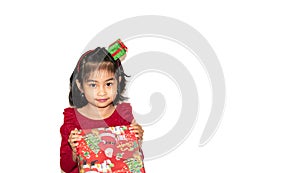 Happy cheerful little girl with gift box in a banner. Gift giving and gift sharing concept