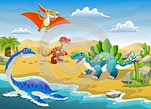 Happy and Cheerfull Cartoon Dinosaurs in Prehistoric Desert Scene Illustration photo