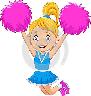 Happy cheerleader in blue uniform with pom poms photo
