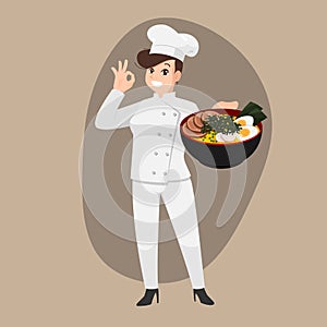 Happy chef cartoon portrait of young big guy cook wearing hat and chef uniform hold bowl of ramen and do thumb up sign gesture. Ma