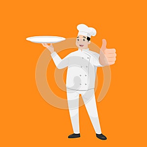 Happy chef cartoon portrait of young big guy cook wearing hat and chef uniform hold empty dish and do thumb up sign gesture and sh