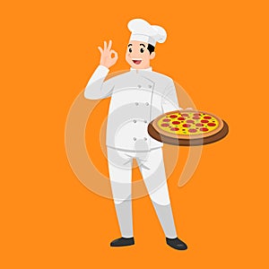 Happy chef cartoon portrait of young big guy cook wearing hat and chef uniform hold plate of delicious pizza and do OK sign gestur