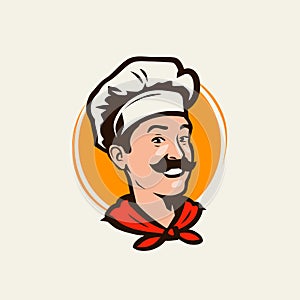 Happy chef cook. Restaurant, logo or emblem menu. Retro vector illustration