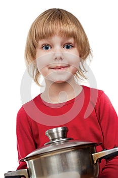 Happy chef girl stirring soup
