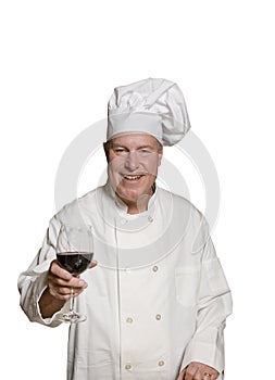 Happy chef with a glass of wine