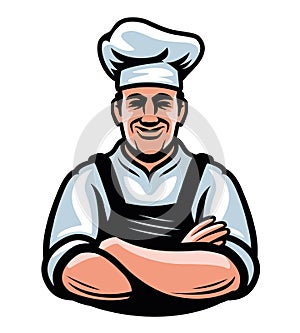 Happy Chef in hat emblem. Cook in kitchen apron symbol. Cooking, restaurant concept. Vector illustration