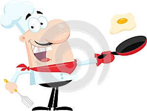 Happy Chef Man Cartoon Character Holding A Frying Pan With Egg