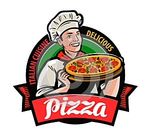 Happy chef with pizza in hand. Pizzeria logo or label. Cartoon vector illustration photo