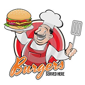 Happy chef serving a delicious burger sign