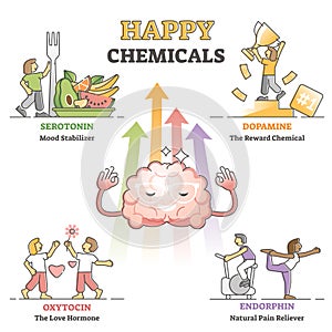 Happy chemicals as good and positive mood hormonal causes outline diagram photo