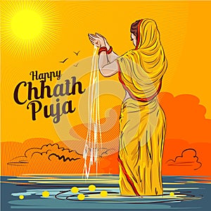 Happy chhath puja  illustration indian lady worship sun at river ghaat photo