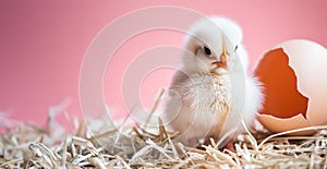 Happy chick celebrates Easter. Fluffy chicks next to eggshell on straw.