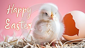 Happy chick celebrates Easter. Fluffy chicks next to eggshell on straw, with Easter greeting: Happy Easter on pink