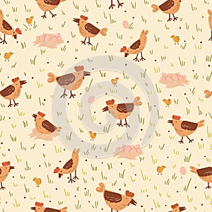 Happy Chicken Backyard Seamless Pattern